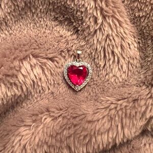 VINTAGE 925 Sterling Silver Crystal Heart Pendant with Large Ruby Red Diamond